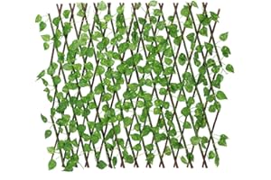 REOVE Artificial Leaf Screening, Adjustable Retractable Fence, Garden Trellis Decoration, Privacy Expanding Wooden Landscaping Fence, Green Small Leaf