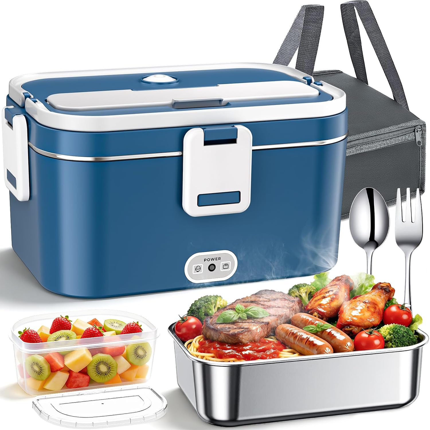 AOKBON 100W Fiambrera Electrica Trabajo 1.8L 12V/24V/220V Taper Electrico Portatil para comida con Bolsa Térmica y Cubiertos-Acero Inoxidable para Coche Camión y Trabajo 12
