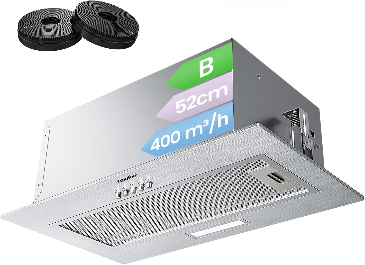 COMFEE' Integrated Cooker Hood CHL17EM21I, 52cm Stainless Steel Built-in Extractor Fan Kitchen, 400m³/h Powerful Extraction, 3 Speed Settings, LED Lighting, Easy Clean Filters