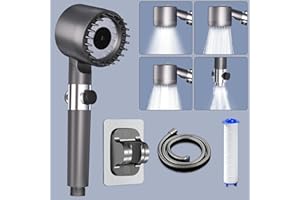 TONOMO High Pressure Shower Head, Filter Shower Head with 1.45M Shower Hose and Shower Stand, 4 Mode Handheld Pressurized Large Shower Head with Water Pause Switch, Grey