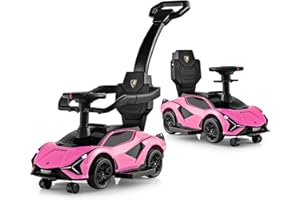 GYMAX 3 in 1 Kids Ride on Push Car, Licensed Lamborghini Push Along Car with Handle, Guardrails, USB Port, Music & Lights, Underneath Storage, Toddler Sliding Toy for 18-60 Months Boys Girls (Pink)