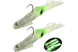 QUALYQUALY Fishing Squid Lures Kit Pre-rigged Squid Lure Glow In the Dark Squid Jig Octopus Artificial Bait Saltwater Sea Fishing Lures Sinking Lure 35g 2Pcs
