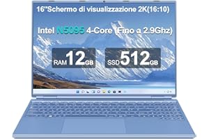 AOCWEI 16 Pollici PC Portatile 12+512GB 2.5" HDD 1TB SSD Espansione, Win 11 Notebook con CPU N5095 (fino a 2.9Ghz), Ventola di Raffreddamento 1920 * 1200 2K Schermo Doppio Supporto 5G WIFI - Blu