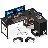 ODK Corner Desk with Drawers, L Shaped Computer Desk, 135 x 100 cm, Black | Reversible Office Desk with Power Outlets & USB P