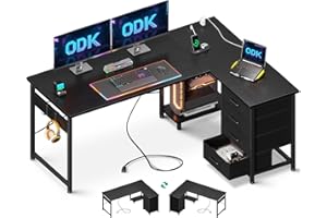 ODK Corner Desk with Drawers, Reversible L Shaped Computer Desk with Power Outlet, Office Desks with USB Charging Port and Host Stand for Home Office Black, 135×100cm