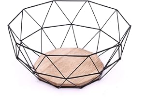 KONTARBOOR Corbeille à Fruits, Panier à Fruits Design Metal et Bois 26 X 26 X 12 cm