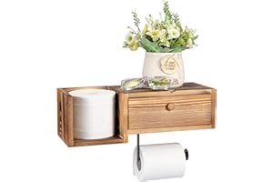 BTSKY Naścienny drewniany uchwyt na papier toaletowy z półką i szufladą, uchwyt na rolkę papieru toaletowego z pudełkiem do przechowywania, dozownik chusteczek, organizer do przechowywania