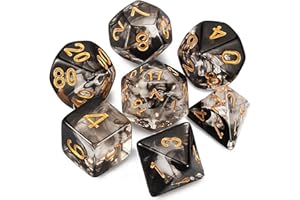 QMAY DND Dice Polyedrisches Würfel Set - 7 Stück für Dungeon und Dragons MTG RPG D&D D20, D12, D10, D%, D8, D6, D4 (Schwarze schwimmende Seide transparent)