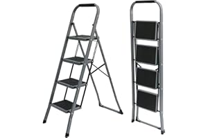 UZIRO Escalera Plegable 4 Peldaños -Estructura de Acero y Peldaño Antideslizante - Asa Superior de Goma - Escaleras Plegables Domésticas - Step Ladder para Hogar (Gris, 4 Pedaños)