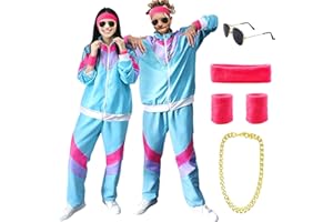 Pianocean 80er 90er Jahre Outfit Herren Damen, Vintage 80er 90er Trainingsanzug, Retro Kostüm Set mit Zubehör, Ballonseide Trainingsanzug für Karneval und Halloween Partie