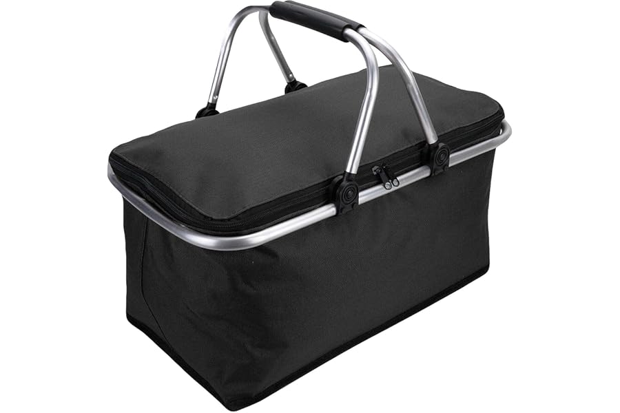Insulated Foldable Picnic, Collapsible Cooler Basket and Shopping Bag with Aluminium Frame 30L (Black)