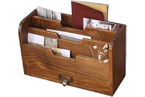 BEAHING Letter Organiser, Letter Rack, Wooden 3 Compartment Holder with Drawer, Retro Brown Desktop Organiser for File Folders, Mails, Envelopes, Holder