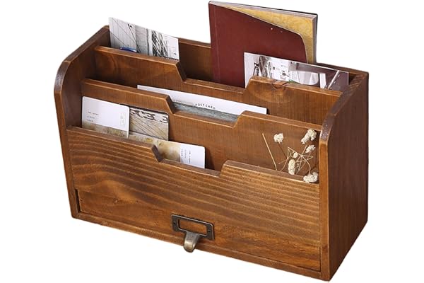 BEAHING Organisateur de Lettre, Porte-Lettres, Support en Bois à 3 Compartiments avec tiroir, Organisateur de Bureau Marron rétro pour dossiers fichiers, courriers, enveloppes, Support