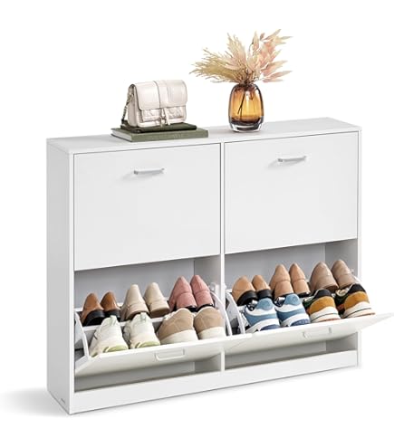 Schuhschrank Mit 3 Klappen & 4 Fächern - Weißer Wellenmuster Schrank Für Flur & Eingangsbereich