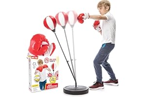 Whoobli Boxball für Kinder inkl. Boxhandschuhe, 3 - 10 Jahre, verstellbarer Kinder-Boxball mit Ständer, Boxball-Set Spielzeug für Jungen und Mädchen (Rot-Weiß)
