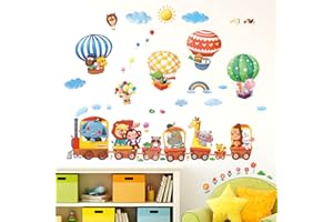 DECOWALL DA-1406 naklejki ścienne pociąg ze zwierzętami i balony na gorące powietrze, dekoracje ścienne do salonu, przedszkola, sypialni dla dzieci