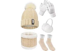Tuopuda 5 Pièces Ensemble Femme Hiver Bonnet Écharpe Gants Cache-Oreilles Chaussettes Chaude Confortable