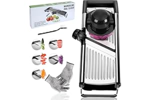 Mandolina de Cocina Profesional,Masthome Cortador de Verdura Inoxidable,Mandolina Cocina con Guantes de Seguridad, Ajustable en Acero Inoxidable,con Cepillo de Limpieza, Negro+Plata