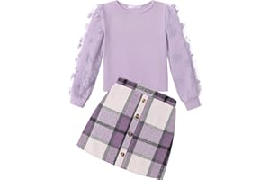 Arshiner Ragazze Completi di Abbigliamento Bambine Elegante Top a Maniche Lunghe con Plaid Gonna Set Autunno Inverno Outfit Moda Coordinati per Ragazze 5-13 Anni