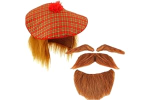 Dreamzfit - Mens Scottish Scots Tartan Tam Hat with Ginger Hair Wig, Ginger Tash Beard Mustache - Stag Night Fancy Dress Accessories for Adult Unisex, Multicolor, One Size