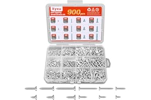 Xyxu Small Wood Screws Assortment, 900PCS M2, M3 Flat Head Self Tapping Screw Set - 5/6/8/10/12/16/20mm 12 Sizes Carbon Steel Countersunk Assorted Tiny Fastening Screws for Wood, with Plastic Box