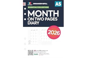 NBPLANNER Recambio de agenda 2026 tamaño A5 mensual en dos páginas, compatible con Filofax A5, 148 x 210 mm (mes 2026)