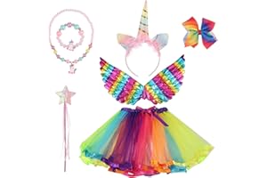 Smilcloud 7Pcs Unicorn Dress Costume, Unicorn Tutu Skirt Unicorn Headband Outfits for Girls Rainbow Princess Fancy Dress up with Unicorn Headband Angel Wings Fairy Wand for Party Cosplay Costume