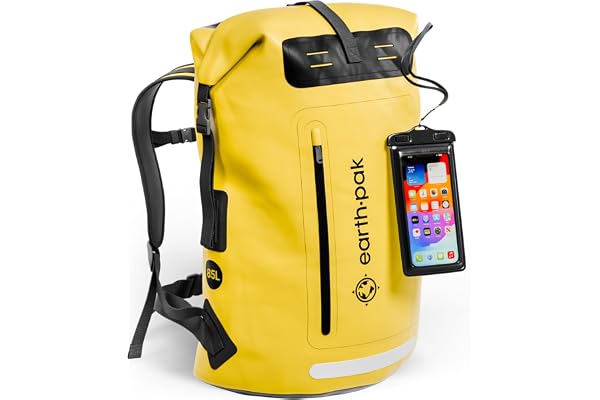 Earth Pak Sac à dos imperméable – Fermeture robuste enroulable avec poche avant zippée facile d'accès et panneau arrière rembourré pour plus de confort avec étui étanche IPX8