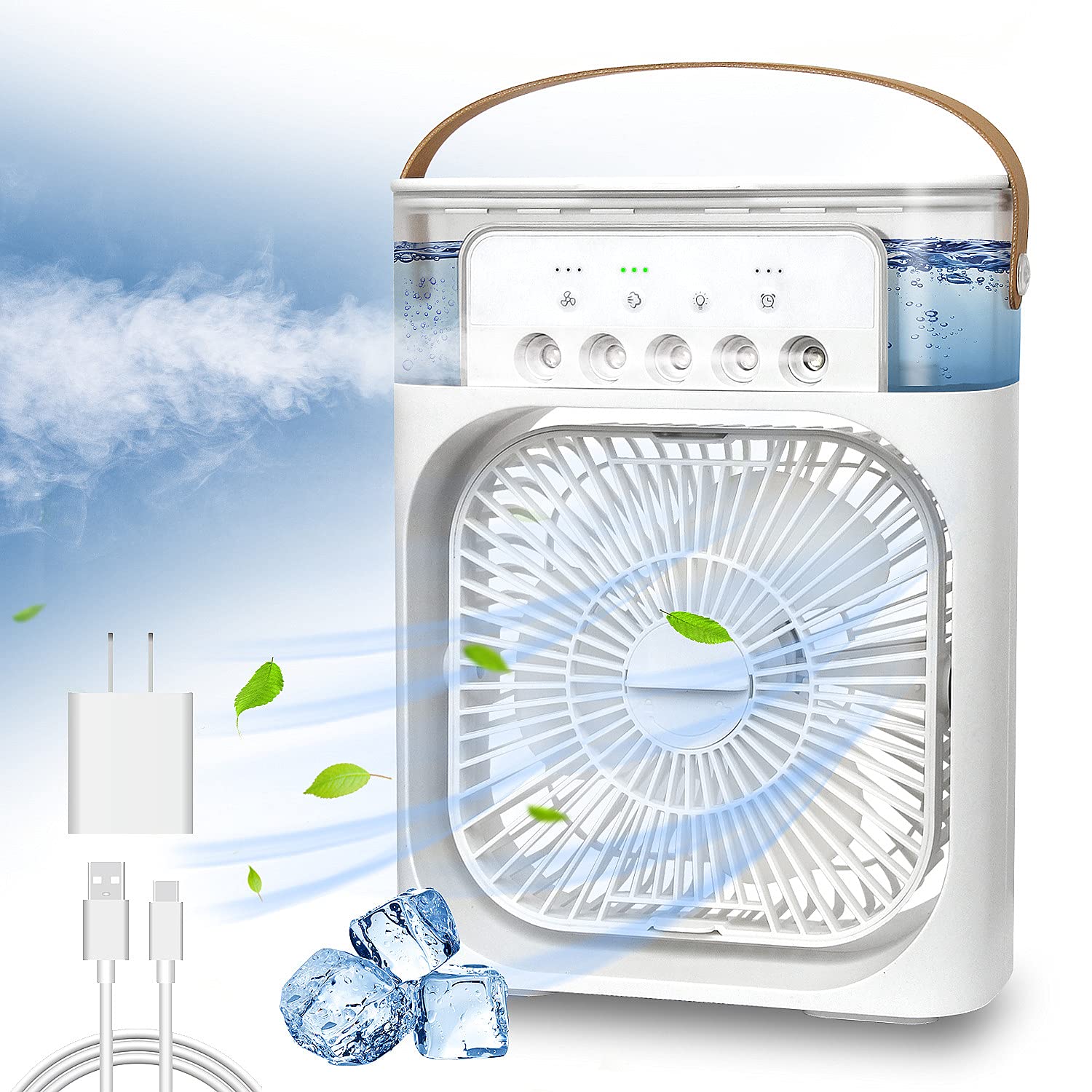 NTMY Portable Air Conditioner Fan, Mini Evaporative Air Cooler with 7 Colors LED Light, 1/2/3 H Timer, 3 Wind Speeds and 3 Sp