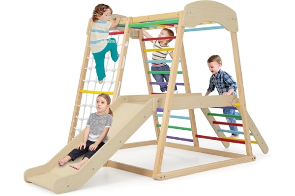 GOPLUS Klätterställning för barn, klätterleksaksset med klätterstege och rutschkana och klättringsnät och tvärstång, mångsidigt lektorn, klättertorn, inomhus av trä för barn från 1 år (färgglad)