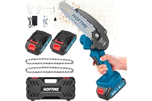 HOFTME Mini Motosega a Batteria per Potatura con 2 Batterie, 6 Pollici Motosega Elettrica con Blocco di Sicurezza, per Il Taglio del Legno, Il Taglio degli Alberi e Giardini