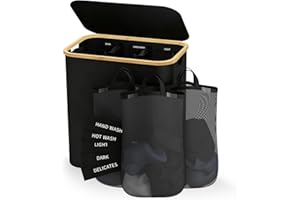 RETSAMV Panier à Linge Pliable 3 Compartiments avec Couvercle – Panier à Linge 160L/145L avec Poches Amovibles pour Tri du Linge – Grand Panier Rangement en Oxford pour Chambre, Buanderie (160L-Black)
