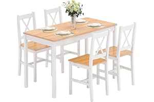 SDHYL Set da tavolo e 4 sedie da pranzo con sedie, set di 5 mobili da cucina in legno di pino teak, bianco, 023-WT