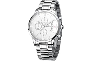 MEGALITH męski zegarek wojskowy z chronografem, wodoszczelny, analogowy zegarek na rękę, duży, świecący cyferblat, datownik, zegarki dla mężczyzn, klasyczny, elegancki prezent, Stal nierdzewna, srebrna, biała, Standard, bransoletka