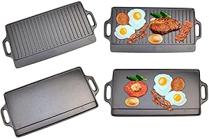 GREENFIELDS Plaque de cuisson réversible en fonte pré-assaisonnée double face avec poignées intégrées et bac d'égouttement à huile - Convient pour barbecue, induction, gaz et plaques électriques - 50 x 23 cm