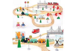 Biebuxo Wooden Train Set 72 PCS Train Track Set Toddler Model Railway Kit Wooden Railway Toy Sets Kids Toys Birthday Toys for 3 4 5 Year Old Boys Girls Gifts