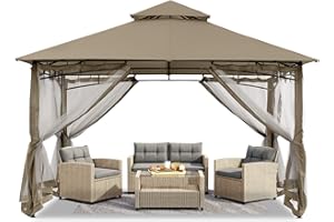 ABCCANOPY 3x3M Outdoor Gazebos With Netting for Patios Double Roof Soft Canopy Garden Backyard Gazebo for Shade and Rain (Khaki)