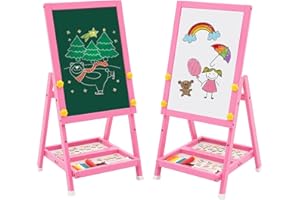 HOMCENT Kids Art Easel Double Sided Easel Whiteboard Blackboard,Foldale Mini Wood Easel for Kids,Drawing Board with Letters and Numbers 43 * 32 * 8.5 (Pink)