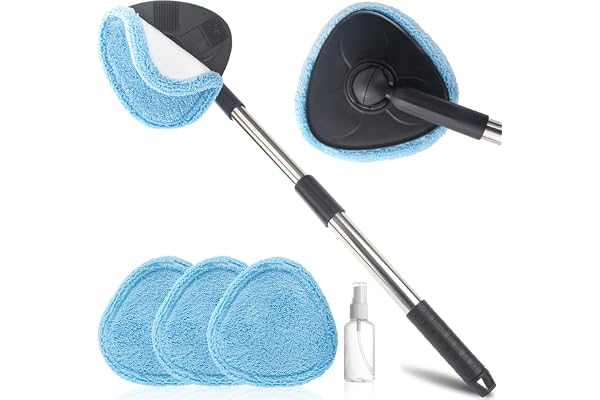 Nettoyeur Vitre Voiture 360° - Manche Télescopique 46-61,5 cm - 3 Pads Microfibre Épais Lavables - Kit Multifonction Intérieur/Extérieur