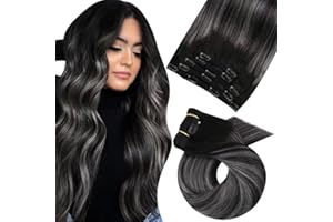 ‎MORESOO Moresoo Clip in Extensions Echthaar Balayage Schwarz Remy Echthaar Extensions Clip Doppelt Tressen Ombre Clip Extensions Echthaar Schwarz mix Silber Grau 5pcs 80g 25 cm Dick Haare