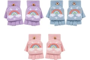 Jupsk 3 Pairs Kids Gloves Winter Knit Fingerless Gloves Convertible Magic Mittens Rainbow Stretch Warm Mittens for Children Toddler Girls 4-12 Years Old