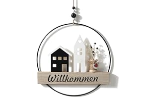 ‎OPTYUWAH Optyuwah Trockenblumenkranz, Türkranz Willkommen mit Schwarz-weißes Haus und Trockenblumen,personalisiert Dekokranz ø28cm Trockenblumen für Wand,Tür,Fenster Deko
