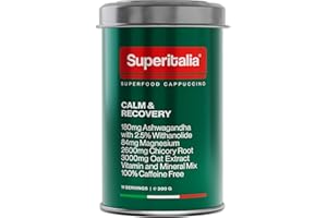 ‎SUPERITALIA Calm & Recovery (11 Servings) - Instant Coffee - 100% Caffeine Free with Ashwagandha & Magnesium - Superfood Cappuccino by Superitalia - Official Partner of Hyrox - Made in Italy