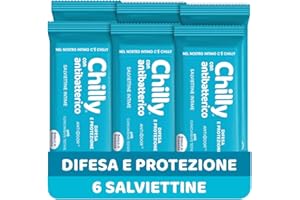 Chilly Salviettine con Antibatterico, Salviette per l'Igiene Intima, Azione di Difesa, Tessuto 100 % Biodegradabile, Ottimi Fuori Casa, PH 5, Clinicamente Testato, Confezione da 6 Pezzi