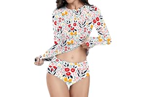 WOWENY Maillot de Bain 2 pièces pour Femme - Manches Longues - Fermeture éclair 1/4 - Rashguard - Protection Solaire - Maillot de Bain - Maillot de Bain - Maillot de Bain - Maillot de Bain - T-Shirt