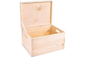 Creative Deco XXL Duże Drewniane Pudełko z Pokrywą do Dekoracji | 39 x 29 x 22 cm (+/- 1cm) | z Uchwytami | Niemalowana Skrzynia z Drewna na Dokumenty Zabawki Narzędzia | SUROWE i NIEOSZLIFOWANE