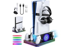 FYOUNG All in One Cooling Stand & Charger Station for PS5/Slim/Pro Console and Controller Charing Dock, Charging Stand for PlayStation Portal, Headset and Remote Holder with RGB Light Stand (Black)