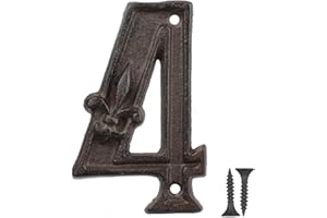 Vandicka 4.4 inch Cast Iron House & Door Number 4, Rustic Address Number Sign, Mailbox Number, Antique Brown Finish with Fleur De Lis Embossed, Matching Screws Included