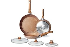 Innerwell Padella Antiaderente 20/24/28 cm con Coperchio, Padella a Induzione, Set di Padelle in Alluminio con Rivestimento Antiaderente in Granito, Senza PFOA (Oro)