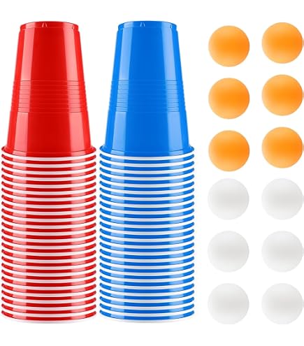 Komonee Beer Pong Set 48 Stück American Adult Indoor Neuheit Party Trinkspiel 24 bedruckte rote und blaue wiederverwendbare Becher und 24 orangefarbene ABS-Bälle